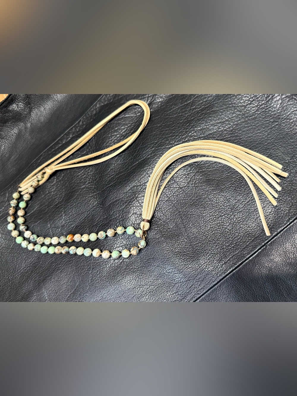 Beaded Tassel Necklace in Mint and Beige